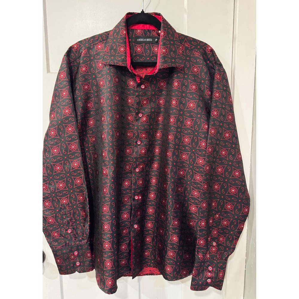 American Breed Mens 2XL Red Black Paisley Medallion Long Sleeve Button  Shirt